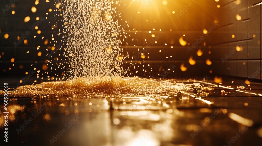 Close-up of water jet blasting dirt off a tiled floor, detailed 3D render, realistic textures, clean vs. dirty contrast, chrome accents, dramatic lighting Close-up of water jet blasting dirt off a tiled floor, detailed 3D render, realistic textures, clean vs. dirty contrast, chrome accents, dramatic lighting