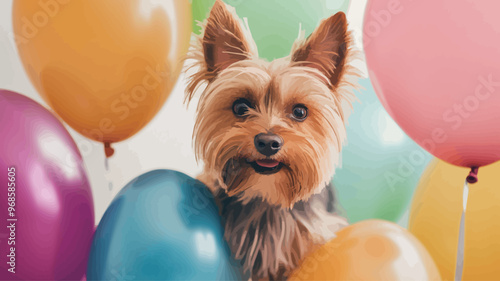 Yorkshire Terrier with balloons on a birthday party. Selective focus.