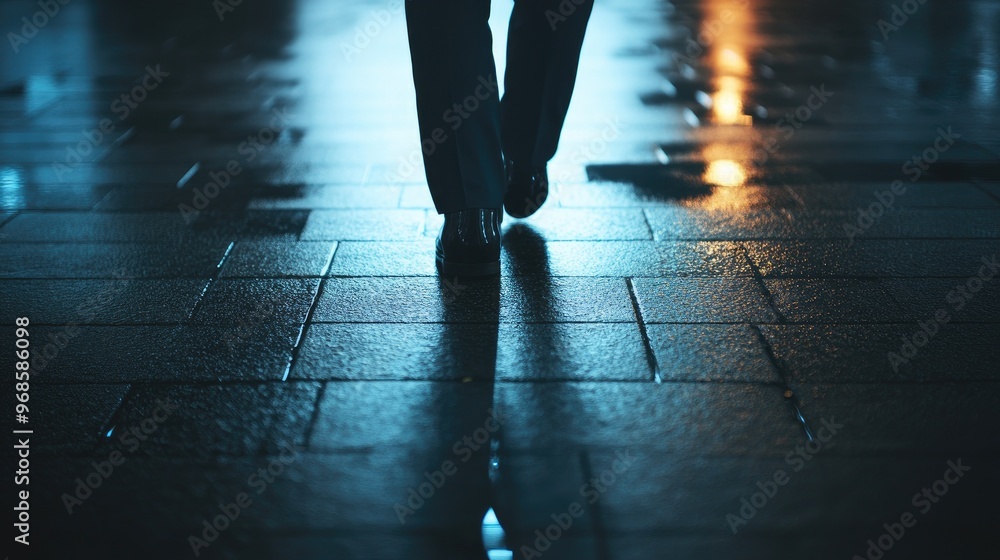 Walking Alone in the City at Night, Cityscape with Rain, Illuminated by Street Lights Walking Alone in the City at Night, Cityscape with Rain, Illuminated by Street Lights