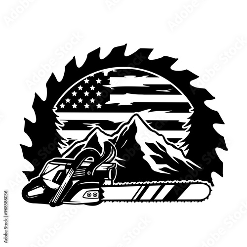 US Chainsaw Scene | Mountain Scene | Forest Cutter | Nature Scene | Saw Blade | Illegal Logger | Lumber Jack | Chainsaw | Original Illustration | Vector and Clipart | Cutfile and Stencil