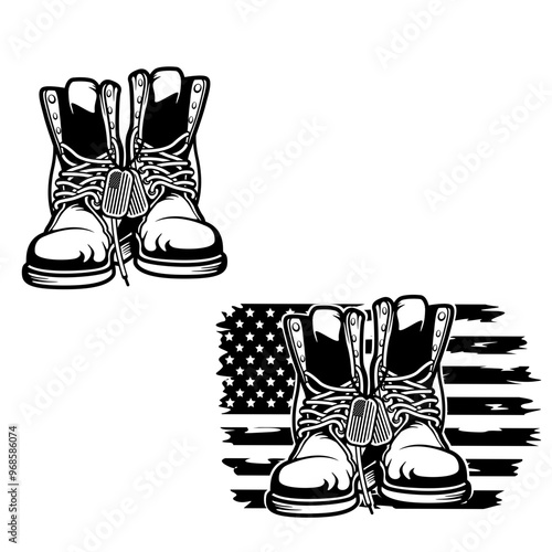 US Combat Boots | US Military | Army Dog Tag | USA Flag | Army Shoes | US Veteran Boots | Military Boots | US Flag | Original Illustration | Vector and Clipart | Cutfile and Stencil