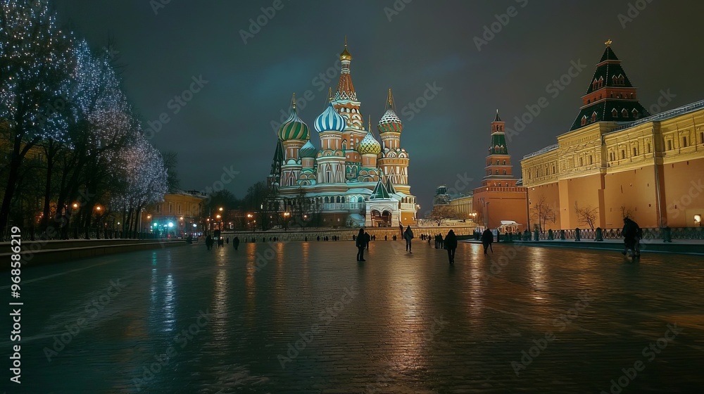 Obraz premium St. Basil's Cathedral in Moscow, Russia, illuminated at night on Red Square.