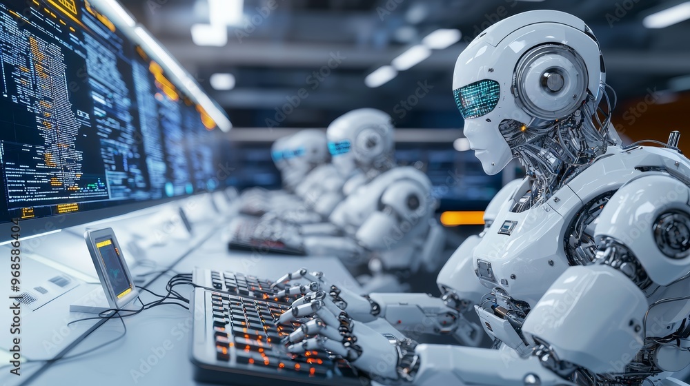 Fototapeta premium Futuristic Robots at Work in a High-Tech Control Center