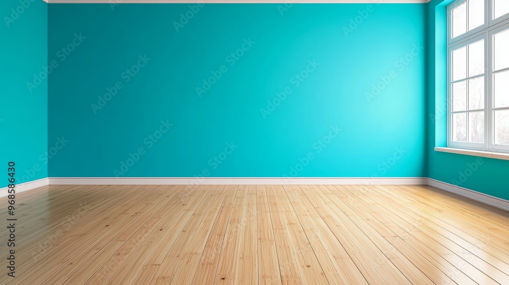 Empty Room with Teal Walls and Large Window Illuminated by Sunlight Empty Room with Teal Walls and Large Window Illuminated by Sunlight