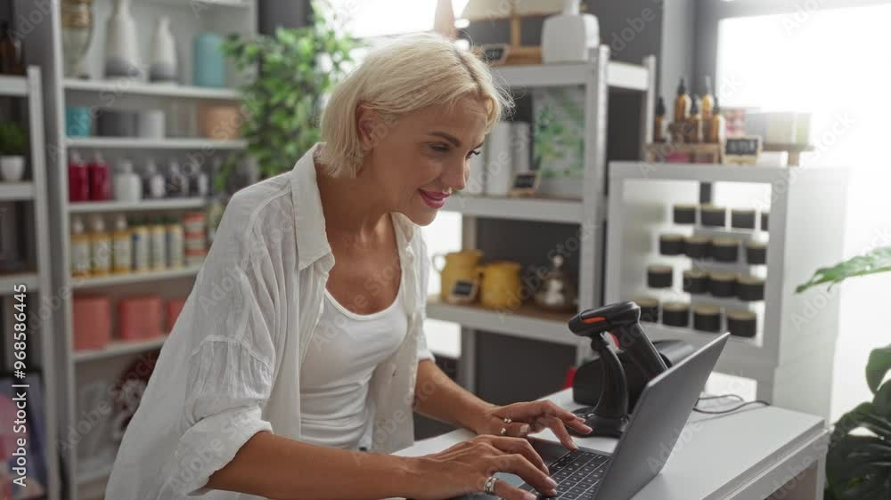 Young woman working on a laptop in a decor store, surrounded by home decor items, plants, and stylish accessories Young woman working on a laptop in a decor store, surrounded by home decor items, plants, and stylish accessories