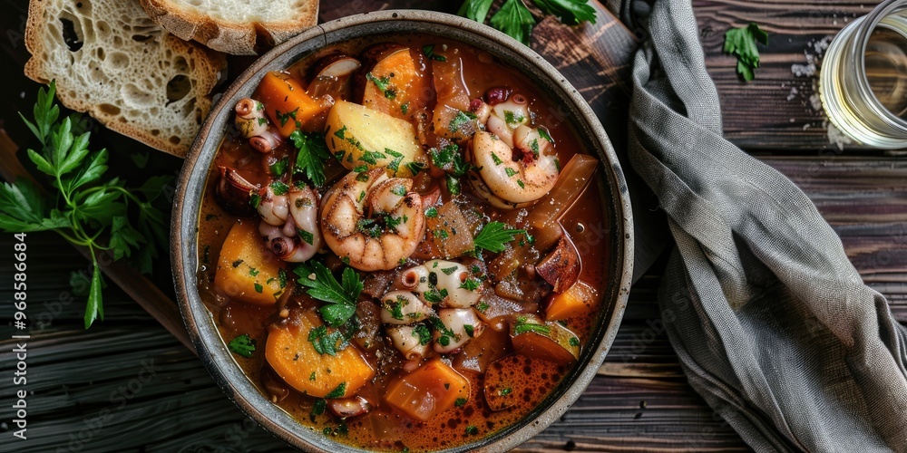 Octopus and Vegetable Soup Accompanied by Crispy Bread and Fresh Parsley Octopus and Vegetable Soup Accompanied by Crispy Bread and Fresh Parsley