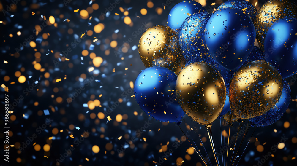 3D rendering of blue and gold balloons with confetti 3D rendering of blue and gold balloons with confetti
