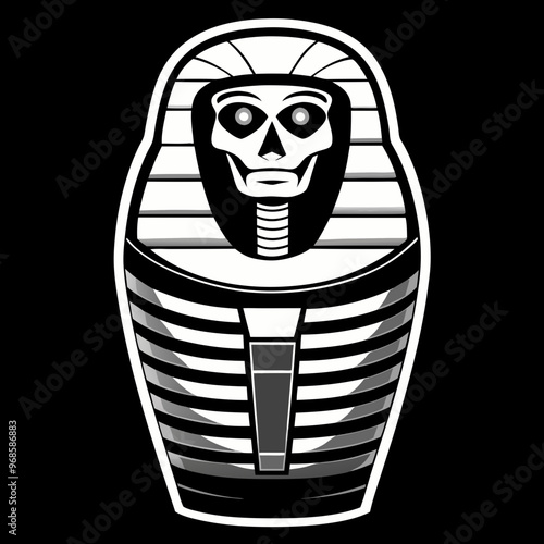Pharaoh sarcophagus illustration, black and white, spooky Egyptian mummy design