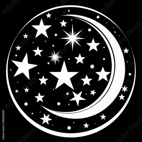 Crescent moon and stars illustration, black and white, celestial Halloween design