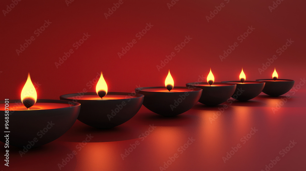 Collection of traditional oil lamps with flickering flames on a textured red background, creating a warm and inviting atmosphere Collection of traditional oil lamps with flickering flames on a textured red background, creating a warm and inviting atmosphere