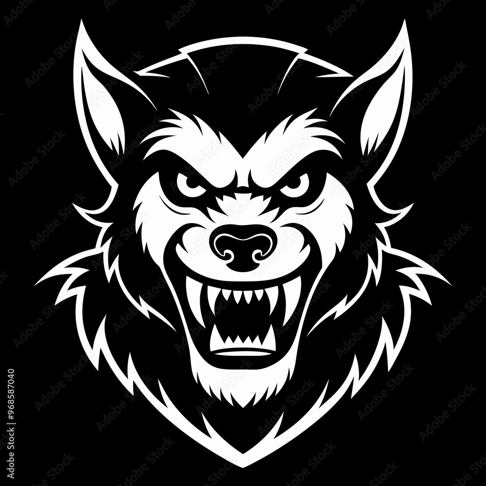 Fototapeta premium Werewolf face illustration, black and white, fierce Halloween monster design