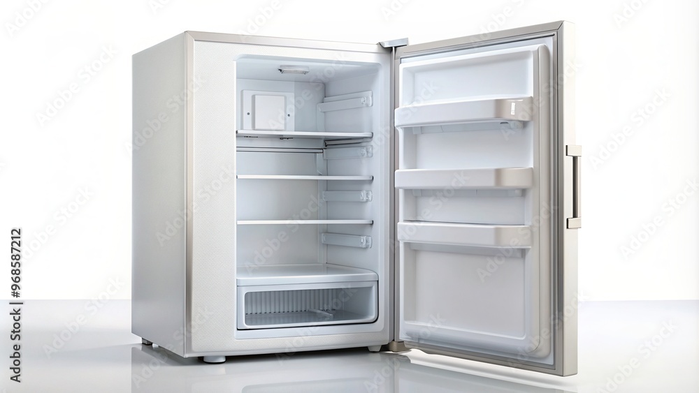 A medium shot of a small empty white hotel fridge with the door open isolated on a white background, small, room service, travel, getaway, hospitality, white background, minimalism A medium shot of a small empty white hotel fridge with the door open isolated on a white background, small, room service, travel, getaway, hospitality, white background, minimalism