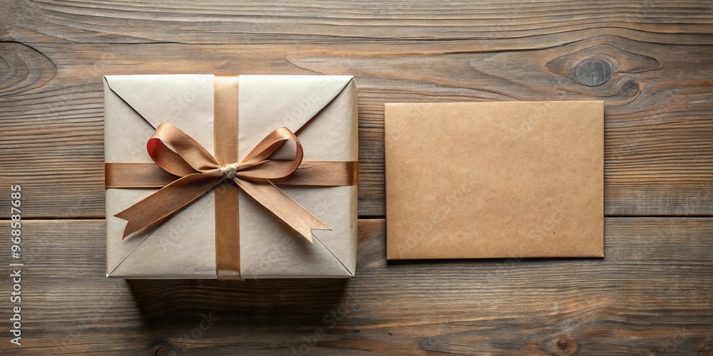 A beautifully wrapped gift box with an accompanying blank envelope, top view A beautifully wrapped gift box with an accompanying blank envelope, top view