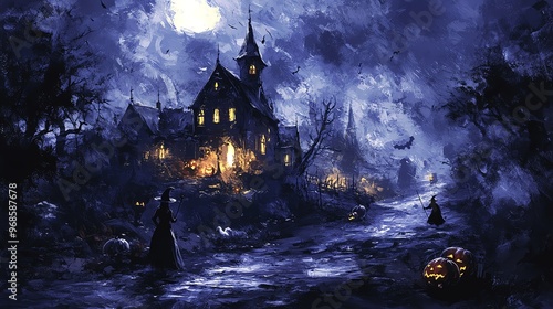 Haunted house on a spooky night with glowing windows, dark trees, and eerie pumpkins illuminating the path under a full moon.