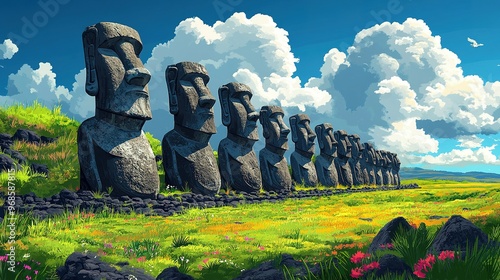 A Row of Moai Statues on Easter Island photo