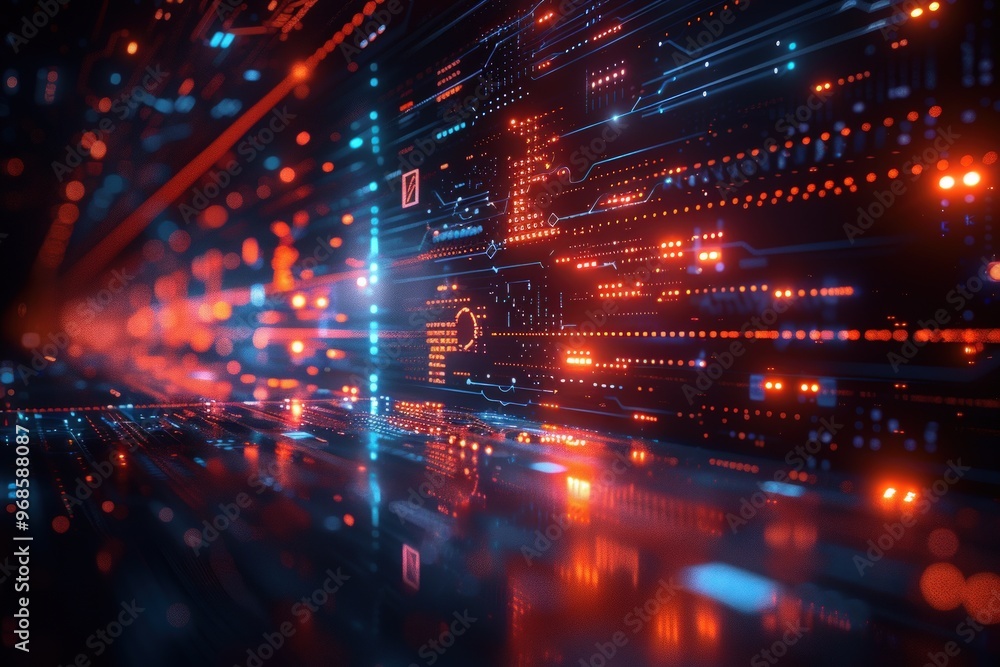 Fototapeta premium Abstract futuristic technology background with glowing lines and digital elements.