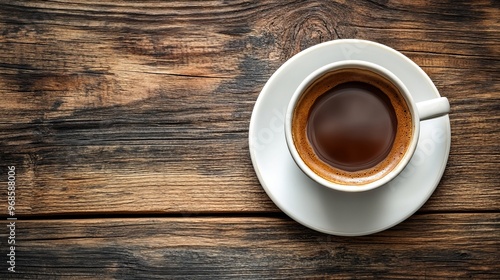 A cup of coffee set against a rustic wooden background, with ample copy space.