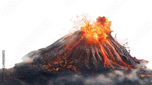 Erupting volcano spewing lava on transparent background photo