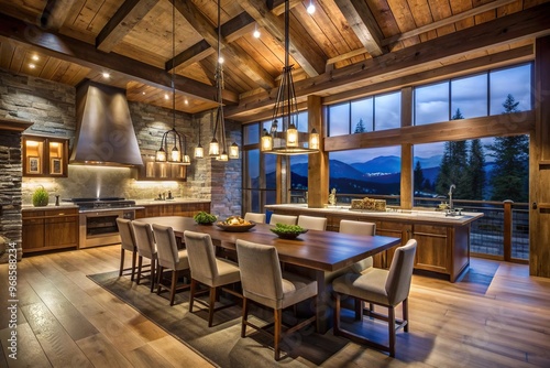 A cozy symmetrical mountain lodge kitchen and dining area at night featuring modern elements and rustic charm, cabin,cozy, scenic view, modern kitchen, relaxation, cozy atmosphere