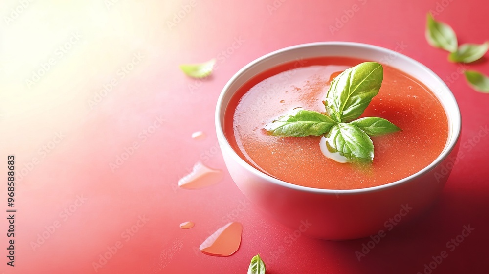 A bowl of gazpacho, a chilled tomato soup garnished with basil, set against a vibrant background. A bowl of gazpacho, a chilled tomato soup garnished with basil, set against a vibrant background.