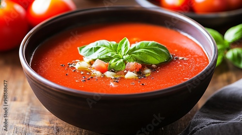 A bowl of gazpacho, a chilled tomato soup garnished with basil, set against a vibrant background.