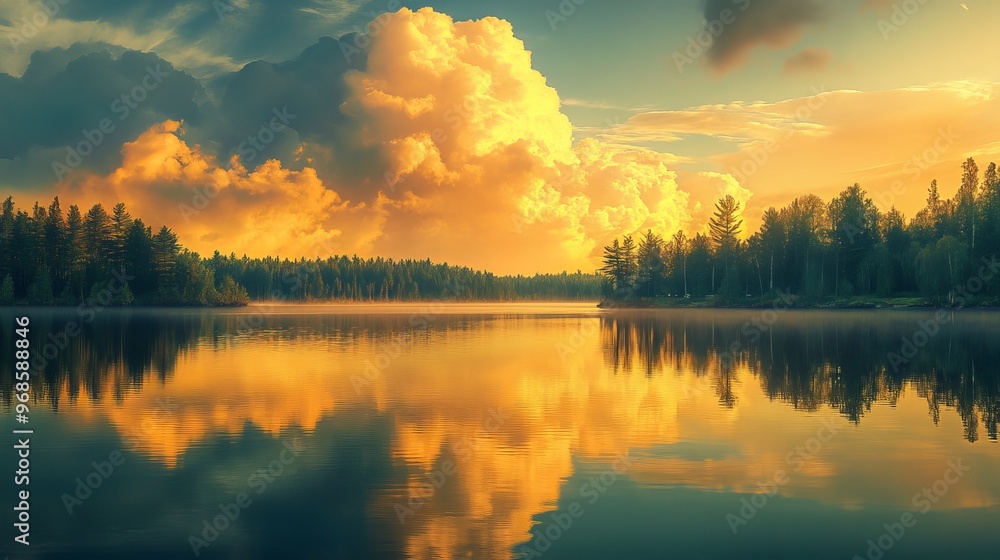 Fototapeta premium A golden cloud above the lake
