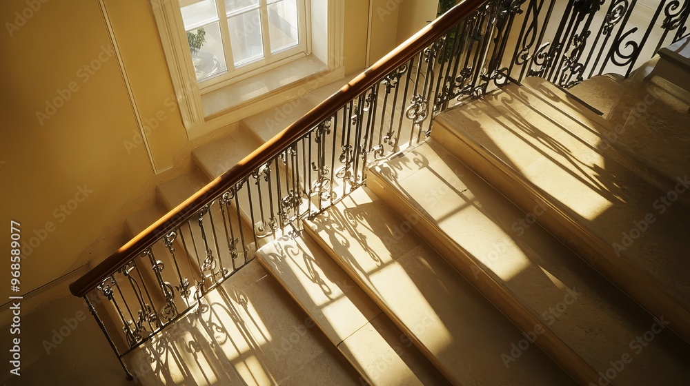 Obraz premium High-quality shadow cast by a staircase railing, emphasizing the intricate patterns and textures created by the railing's design.