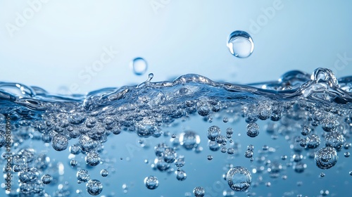 High-resolution image of bubbles in clean drinking water, set against a beautiful blue background. photo