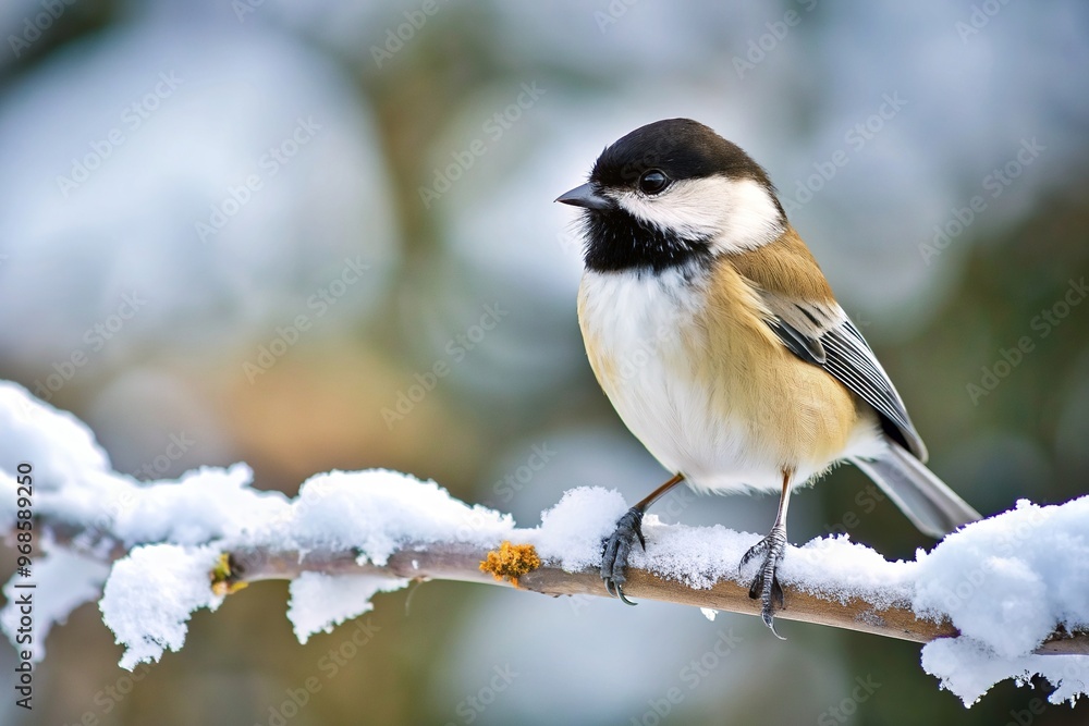 A black capped chickadee perched on a snowy branch in winter, cold weather, woodland, North America, wildlife photography, winter, perched, cold, fluffy, forest, outdoors, avian, nature A black capped chickadee perched on a snowy branch in winter, cold weather, woodland, North America, wildlife photography, winter, perched, cold, fluffy, forest, outdoors, avian, nature