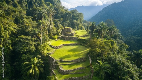 A hiking tour to the Lost City in Colombia, exploring the ancient ruins and lush jungle of this historic and remote archaeological site. photo