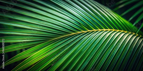 exotic, leaf, plant, natural, lush, color-toned, nature, background, dark, foliage, vivid, vibrant, Close up of a tropical coconut leaf vividly contrasted against a dark nature background