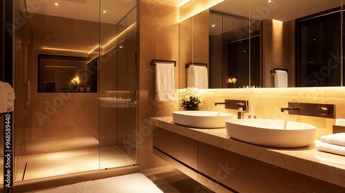 A mirror positioned above a large sink, situated next to a shower booth in an elegantly illuminated bathroom of a modern luxury apartment.