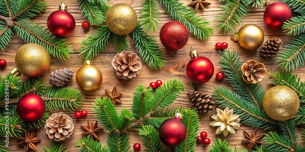 Overhead view of festive Christmas decoration with fir branches, baubles, pine cones and ornaments Overhead view of festive Christmas decoration with fir branches, baubles, pine cones and ornaments