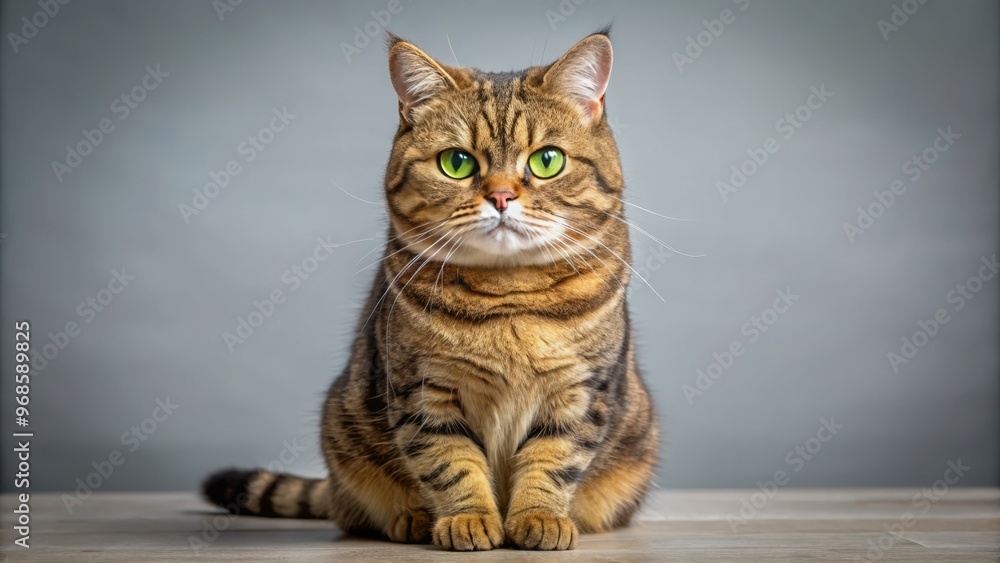 Brown tabby british shorthair cat sitting and looking directly at camera with green eyes Brown tabby british shorthair cat sitting and looking directly at camera with green eyes