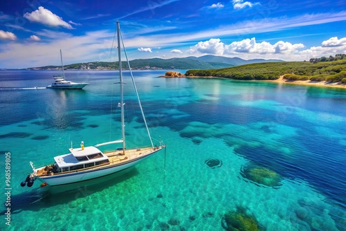 anchored, summer, picturesque,sailing yacht, St. Tropez Bay, A sailing yacht and motorboat anchored on the beautiful turquoise waters of St Tropez Bay captured from a tilted angle