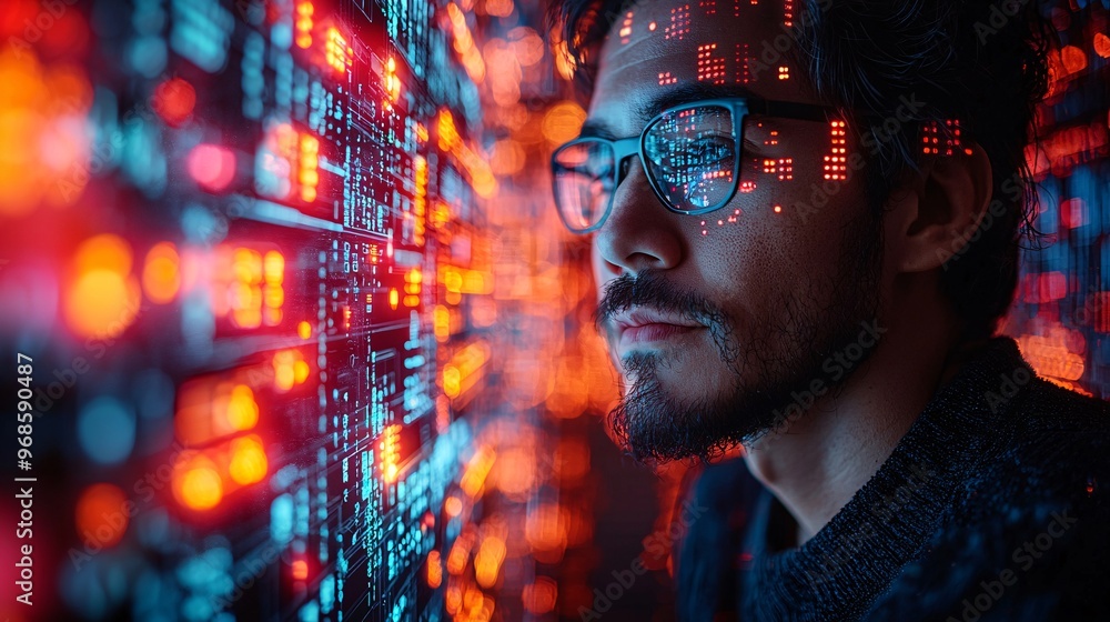 A futuristic, glowing blockchain network surrounding a man phone as he navigates through virtual financial services. A futuristic, glowing blockchain network surrounding a man phone as he navigates through virtual financial services.