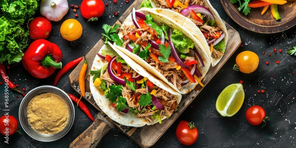 Spicy Pulled Chicken Tacos with Pita Bread and Fresh Vegetables Served on a Wooden Board - Vertical Presentation