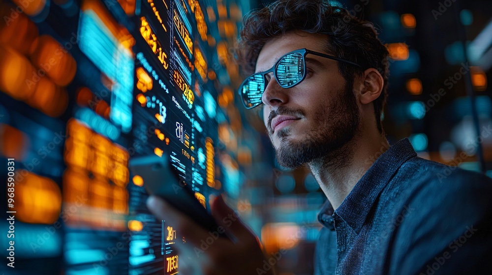 Virtual reality (VR) financial interface with a man using his phone to interact with decentralized banking systems. Virtual reality (VR) financial interface with a man using his phone to interact with decentralized banking systems.