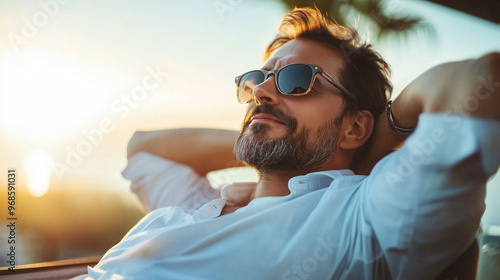 資産家の欧米人男性が優雅に日光浴をする姿をリアルに描いたAI生成画像