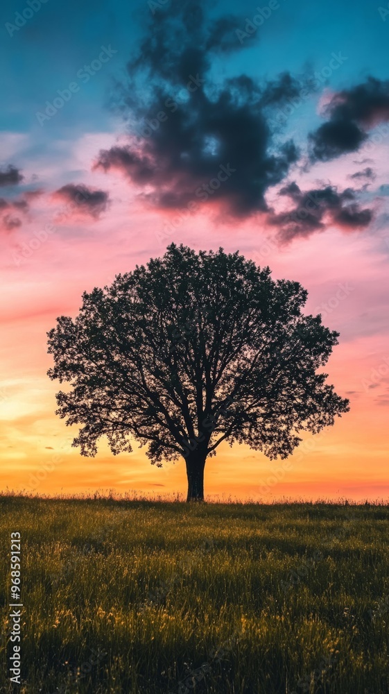 Solitary tree silhouette against vibrant sunset sky Solitary tree silhouette against vibrant sunset sky