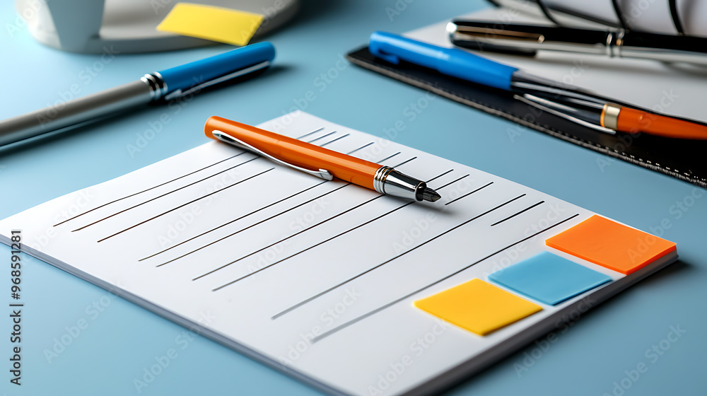 Organized workspace with notepad, pens, sticky notes, and office supplies on a blue desk, perfect for productivity and planning. Organized workspace with notepad, pens, sticky notes, and office supplies on a blue desk, perfect for productivity and planning.