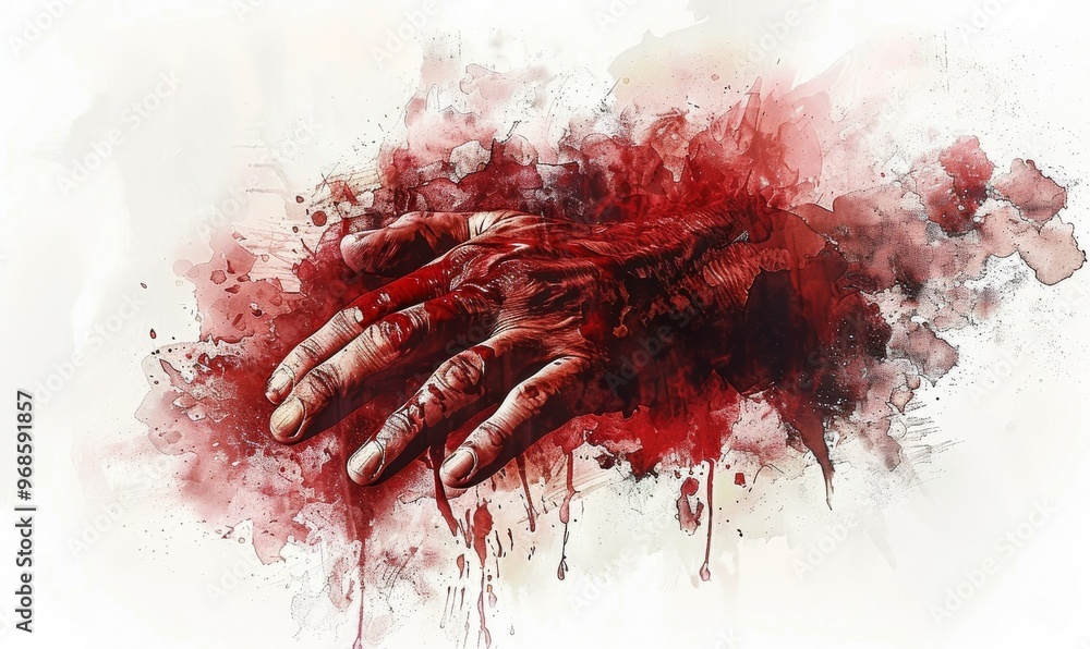 An expressive depiction of a bloodied hand emerging from a vibrant, chaotic splatter of red paint, symbolizing struggle, chaos, and raw emotion in an abstract art style An expressive depiction of a bloodied hand emerging from a vibrant, chaotic splatter of red paint, symbolizing struggle, chaos, and raw emotion in an abstract art style