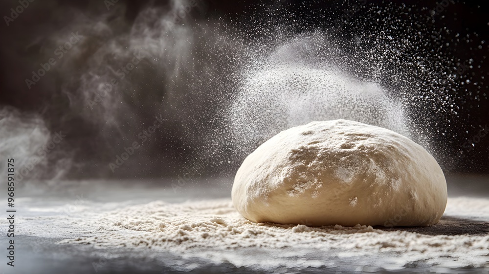 Flour Sprinkled Over Freshly Prepared Pizza Dough on White Background Flour Sprinkled Over Freshly Prepared Pizza Dough on White Background