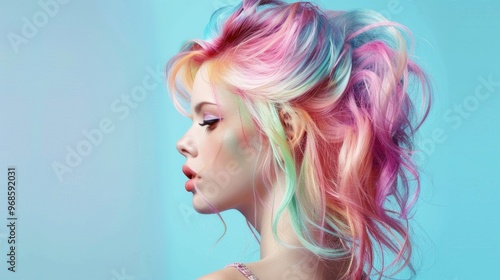 portrait of a woman with colorful hair on light color background