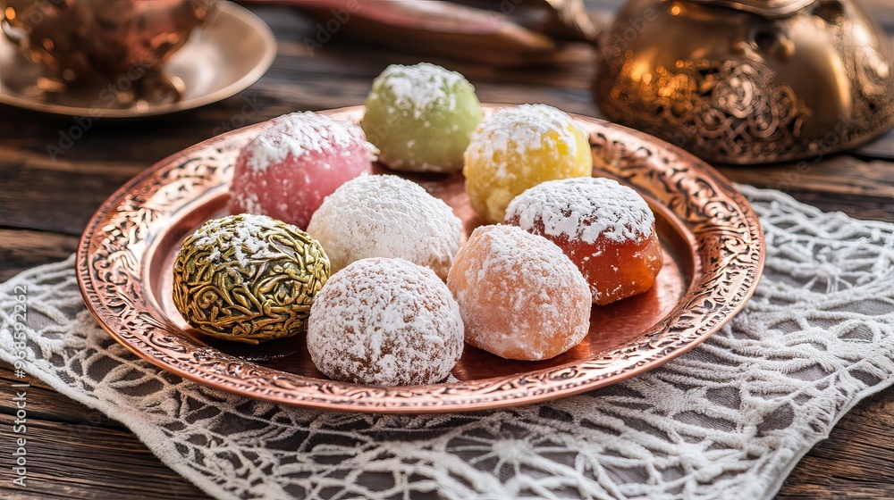 Turkish sweets arranged on a round copper tray, elegantly placed on an openwork napkin. Turkish sweets arranged on a round copper tray, elegantly placed on an openwork napkin.