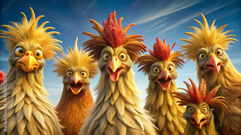 Fototapeta premium Comically majestic fowl sport vibrantly colored feathers, topsy-turvy hairstyles, and dramatic wing flourishes, as if