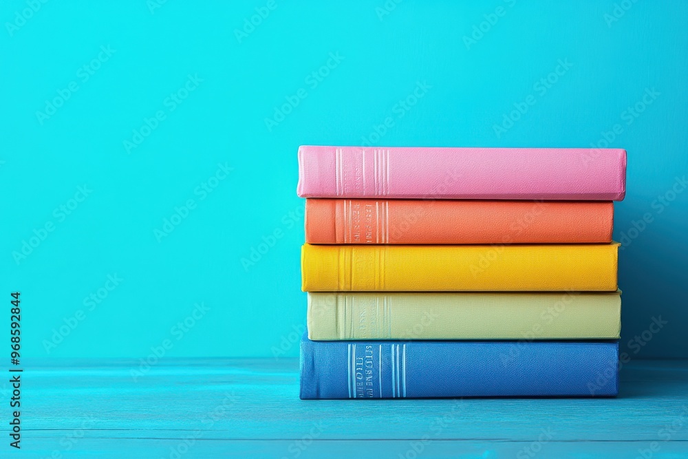 Books on Wooden Table with Blue Backdrop Books on Wooden Table with Blue Backdrop
