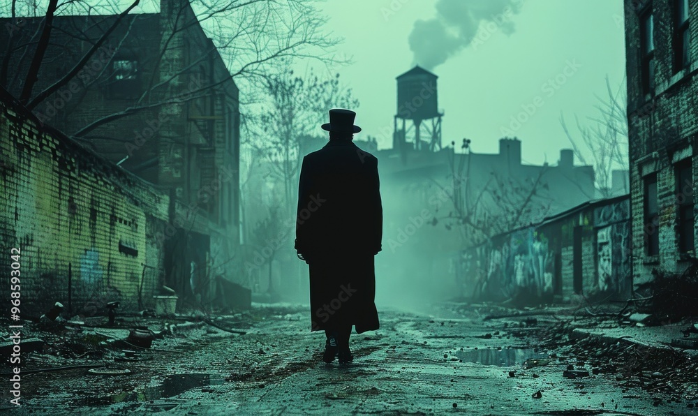 A mysterious figure clad in a long coat walks through a foggy, abandoned industrial area, evoking a sense of intrigue and eeriness amid the crumbling buildings at dusk A mysterious figure clad in a long coat walks through a foggy, abandoned industrial area, evoking a sense of intrigue and eeriness amid the crumbling buildings at dusk
