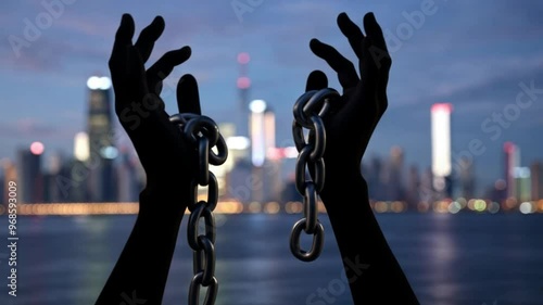 Silhouette of hands raising broken chains against a blurred night background, symbolizing freedom