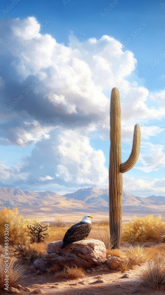 An eagle resting on a desert podium beside a tall cactus under a bright sun. An eagle resting on a desert podium beside a tall cactus under a bright sun.
